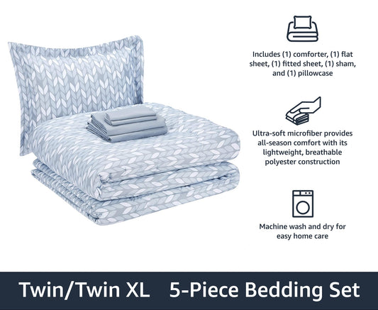 5-Piece Lightweight Microfiber Bed-In-A-Bag Comforter Bedding Set - Twin/Twin XL, Gray Leaf