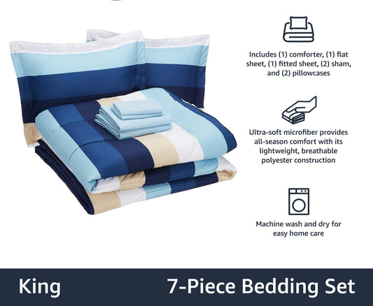 7-Piece Lightweight Microfiber Bed-in-a-Bag Comforter Bedding Set - King, Blue Stripe