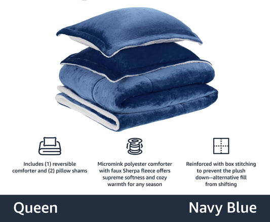Ultra-Soft Micromink Sherpa Comforter Bed Set - Navy, Full/Queen