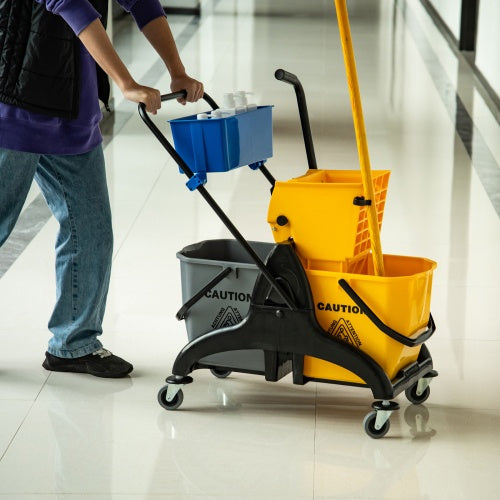HOMECOM 6.9 Gallon Mop Bucket Swivel Arm Cart With Easy-to-use Side Pressure Swivel Arm Smooth Wheels And Mop Handle Bracket