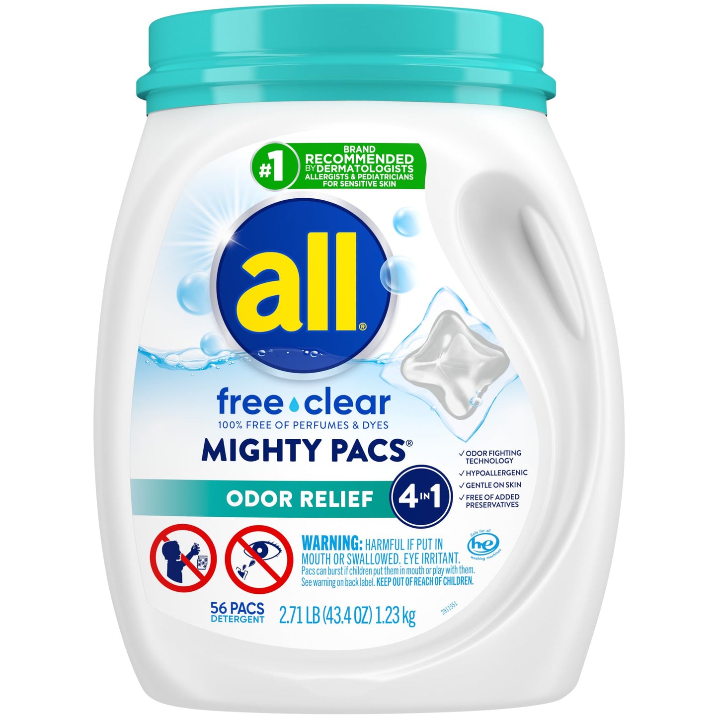 All Mighty Pacs Laundry Detergent Free Clear Odor Relief, Tub, 56 Count