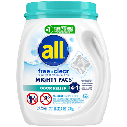 All Mighty Pacs Laundry Detergent Free Clear Odor Relief, Tub, 56 Count