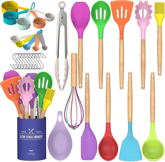Umite Chef Kitchen Cooking Utensils Set, 33 pcs Non-stick Silicone Cooking Kitchen Utensils Spatula Set with Holder, Wooden Handle Silicone Kitchen Gadgets Utensil Set (Colorful)