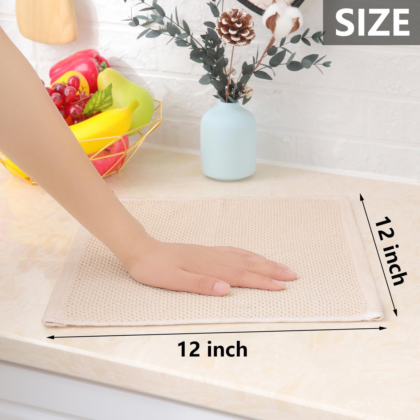100% Cotton Waffle Weave Kitchen Dish Cloths, Ultra Soft Absorbent Quick Drying Dish Towels, 12 x 12 Inches, 6-Pack, Beige