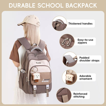 Amythe Girls School Bag, 16 inch School Backpack for Girl Age 9-16, Kids BookBag with Cute Pendant for Elementary Middle School, Children’s Casual Rucksack for Travel,Brown