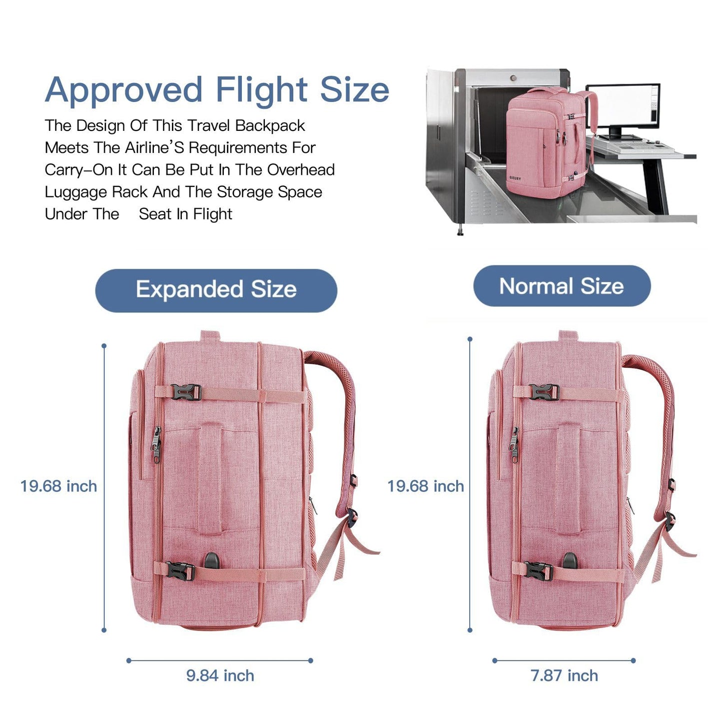 Carry On Backpack for Women, 50L Travel Backpack Flight Approved, Expandable Backpack For Airplanes, 17 Inch Laptop Backpack, Luggage Backpack Daypack Lightweight Business Weekender Bag, Pink