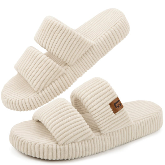 LongBay Womens Memory Foam Slippers Indoor Bedroom House Slippers Shoes Open Toe Corduroy Slide Comfy Two Bands Gift