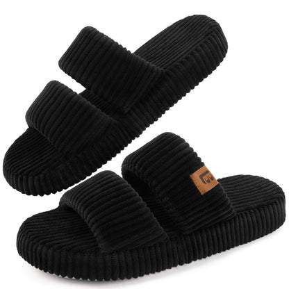 LongBay Womens Memory Foam Slippers Indoor Bedroom House Slippers Shoes Open Toe Corduroy Slide Comfy Two Bands Gift