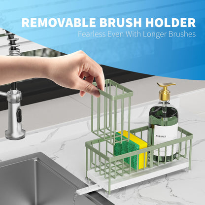 Sage Green Sponge Holder for Kitchen Sink, Sink Caddy Organizer with High Brush Holder, Kitchen Countertop Organizers and Storage Essentials, Rustproof 304 Stainless Steel, Soap Dispenser