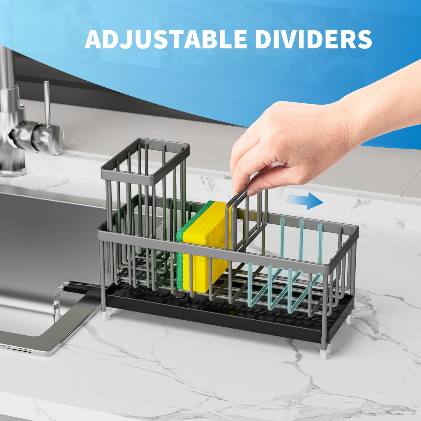 Charcoal Gray Sponge Holder for Kitchen Sink, Sink Caddy Organizer with High Brush Holder, Kitchen Countertop Organizers and Storage Essentials, Rustproof 304 Stainless Steel