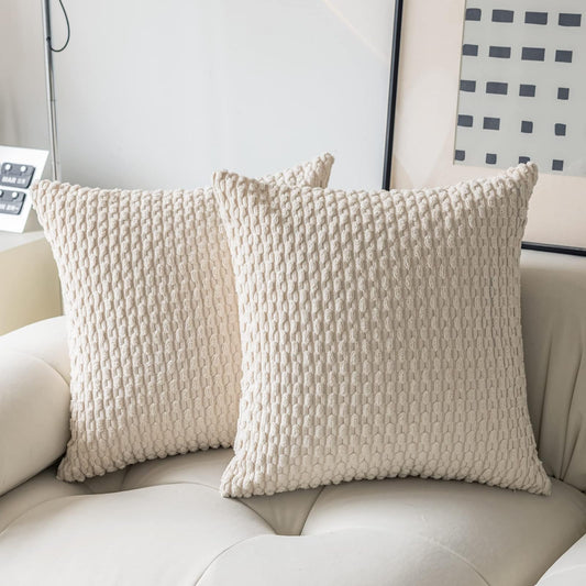 2 Packs Throw Pillow Covers Corduroy, Decorative Lumbar Pillow Covers, JOMWEN Super Soft Boho Striped Cushion Covers for Couch Bed Sofa Livingroom (Beige, 45 x 45 cm)