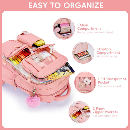 Amythe School Bag for Girls, Breathable School Backpack for Kids with Pendant, Casual Sac a Dos Fille for Elementary Junior High School, Pink