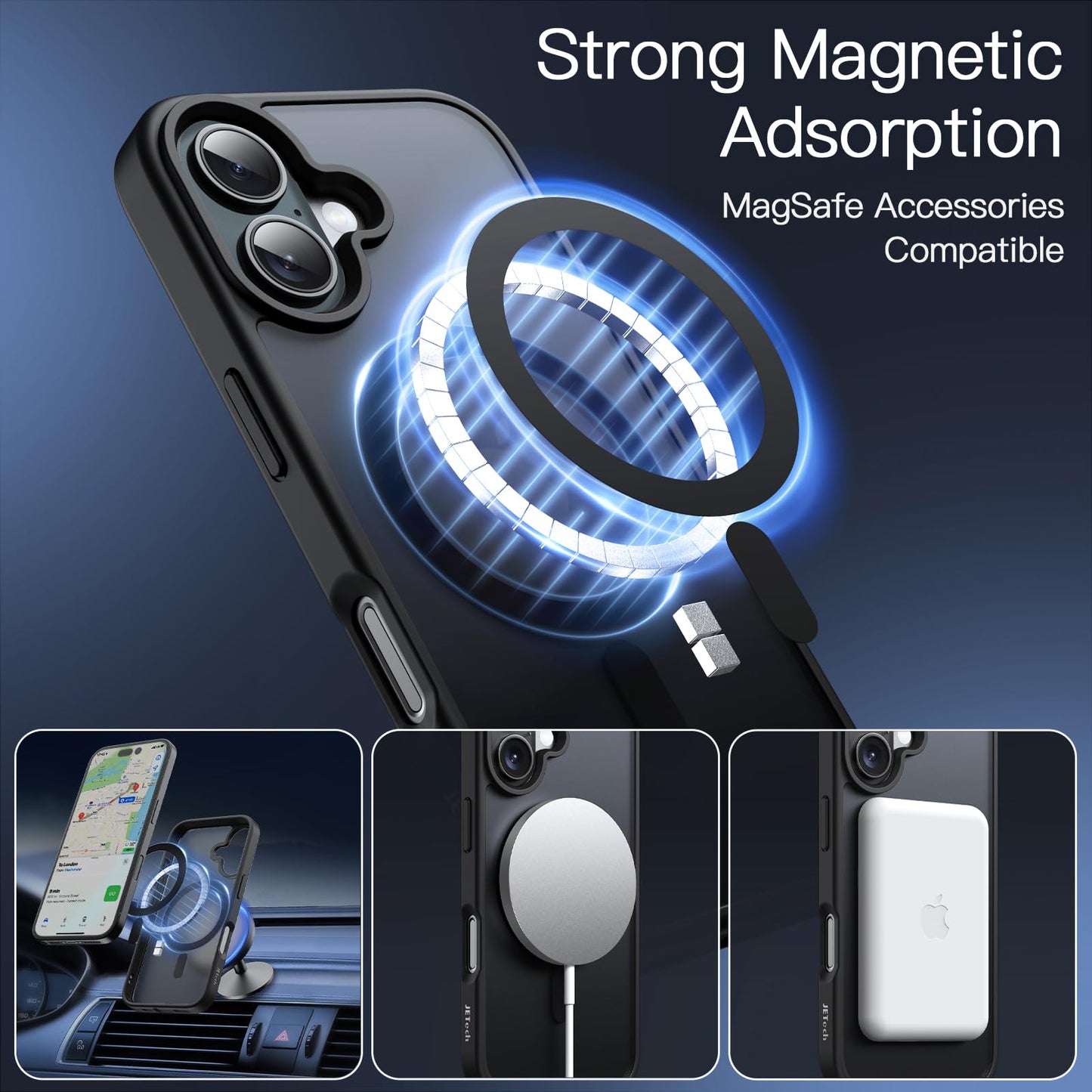 JETech Magnetic Case for iPhone 16 Plus 6.7-Inch Compatible with MagSafe, Translucent Matte Back Slim Shockproof Phone Cover (Black)