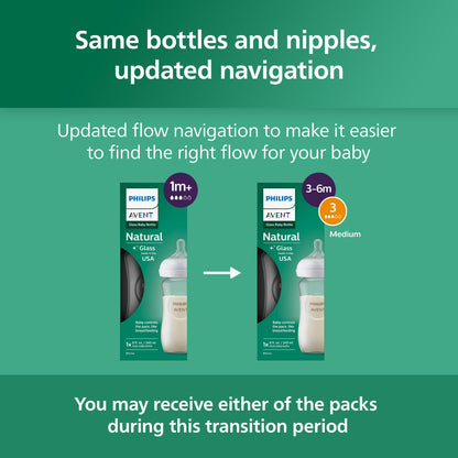 Philips Avent Natural Glass Baby Bottle with Natural Response Nipple (Medium Flow, Flow 3), 8oz, SCY913/01