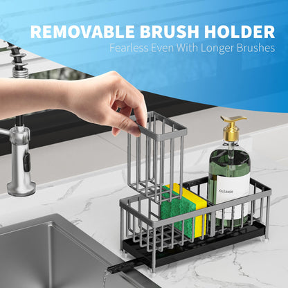 Charcoal Gray Sponge Holder for Kitchen Sink, Sink Caddy Organizer with High Brush Holder, Kitchen Countertop Organizers and Storage Essentials, Rustproof 304 Stainless Steel