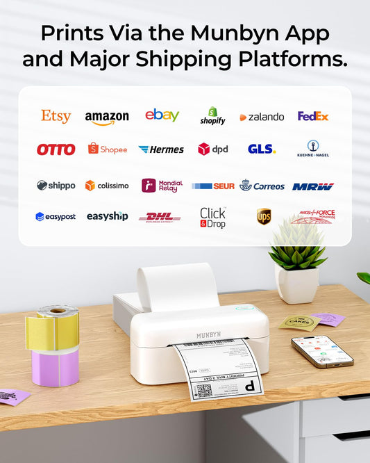 MUNBYN Bluetooth Shipping Label Printer, 4x6 Thermal Label Printer for Small Business, Compatible with iPhone, Android, Windows, macOS, Etsy, Shopify, Royal Mail, DHL, DPD, Evri, 402B, White