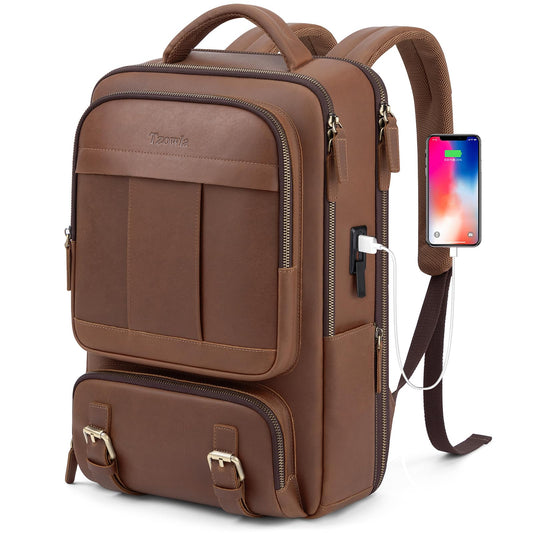 Tzowla Leather Laptop Backpack for Men,Bag for Women,Business Travel Work Rucksack Fits 15.6 Inch Laptop,Bookbag with USB and Type-C Charging Port-Brown