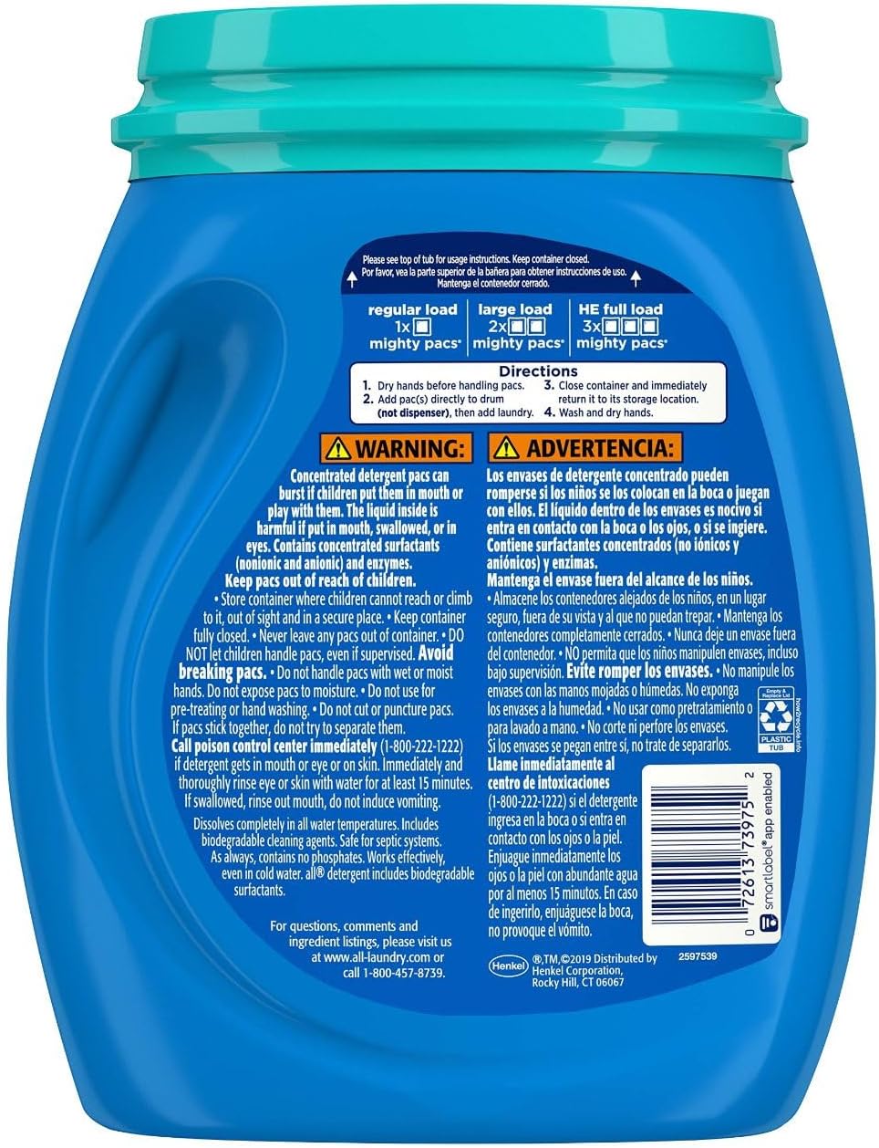 All Mighty Pacs Laundry Detergent 4 In 1 With Odor Lifter, Tub, 60 Count