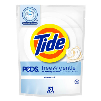 Tide PODS Free & Gentle, Laundry Detergent Liquid Pacs, Unscented and Hypoallergenic for Sensitive Skin, 31 Count - Packaging May Vary