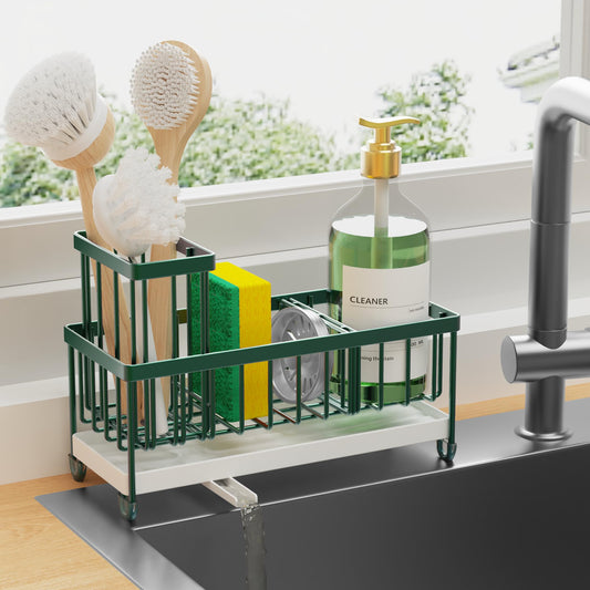 Sponge Holder for Kitchen Sink, Sink Caddy Organizer with High Brush Holder, Countertop Organizers and Storage Rustproof 304 Stainless Steel, Dark Green Kitchen Decor and Accessories