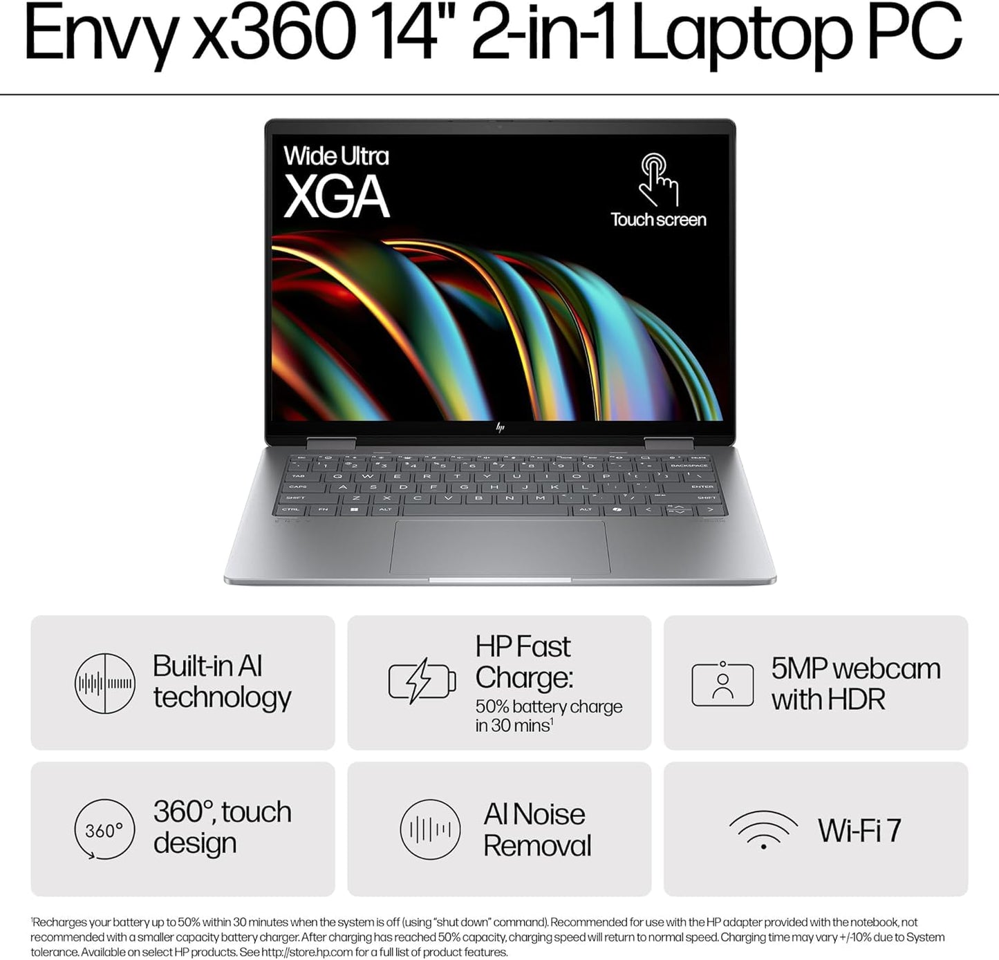 HP Envy x360 2-in-1 Laptop 16', 2K Touch Display, Built-in AI, Intel Core Ultra 7 155U Processor, 16GB RAM, 512GB SSD, Intel Graphics, Windows 11, Convertible, Long Battery Life, Silver, 9V361PA