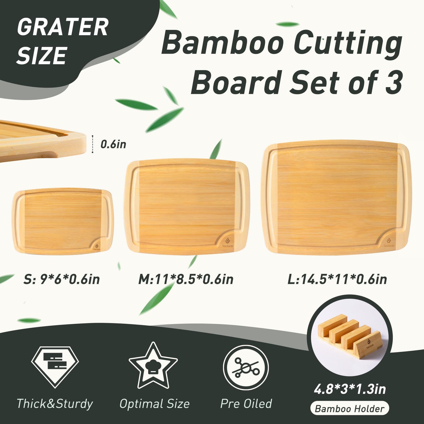Bamboo Cutting Board Set Non Slip Feet with Holder Over Sink