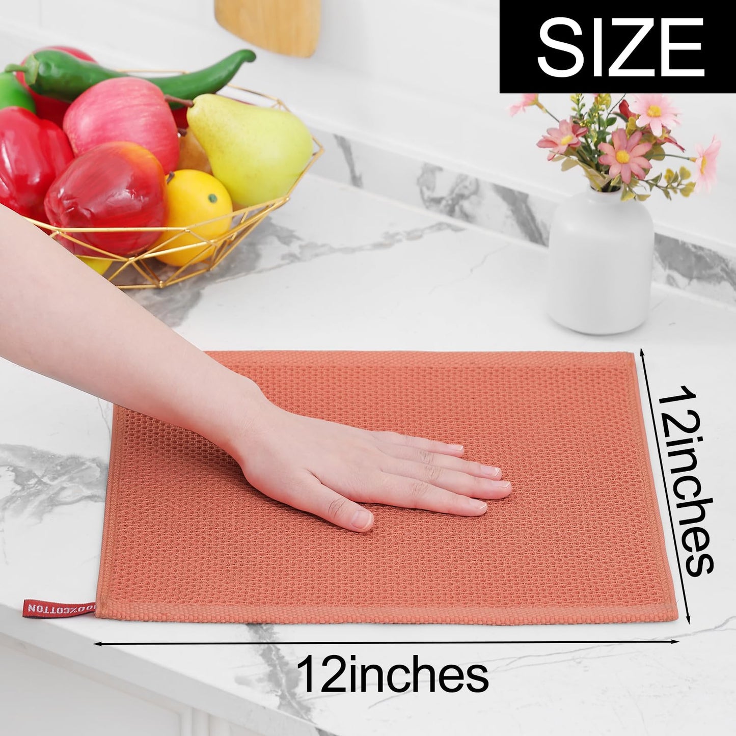 100% Cotton Waffle Weave Kitchen Dish Cloths, Ultra Soft Absorbent Quick Drying Dish Towels, 12 x 12 Inches, 6-Pack, Coral