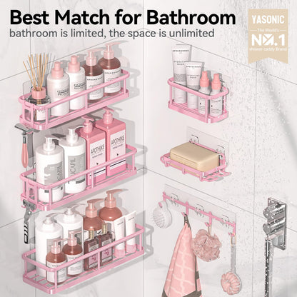 YASONIC Shower Caddy, 6 Pack Large Capacity Bath Organizer with Soap Holder and 12 Hooks, Rustproof Shower Shelves for Inside Shower, No Drilling&Sleek Bathroom Organizers and Storage Pink