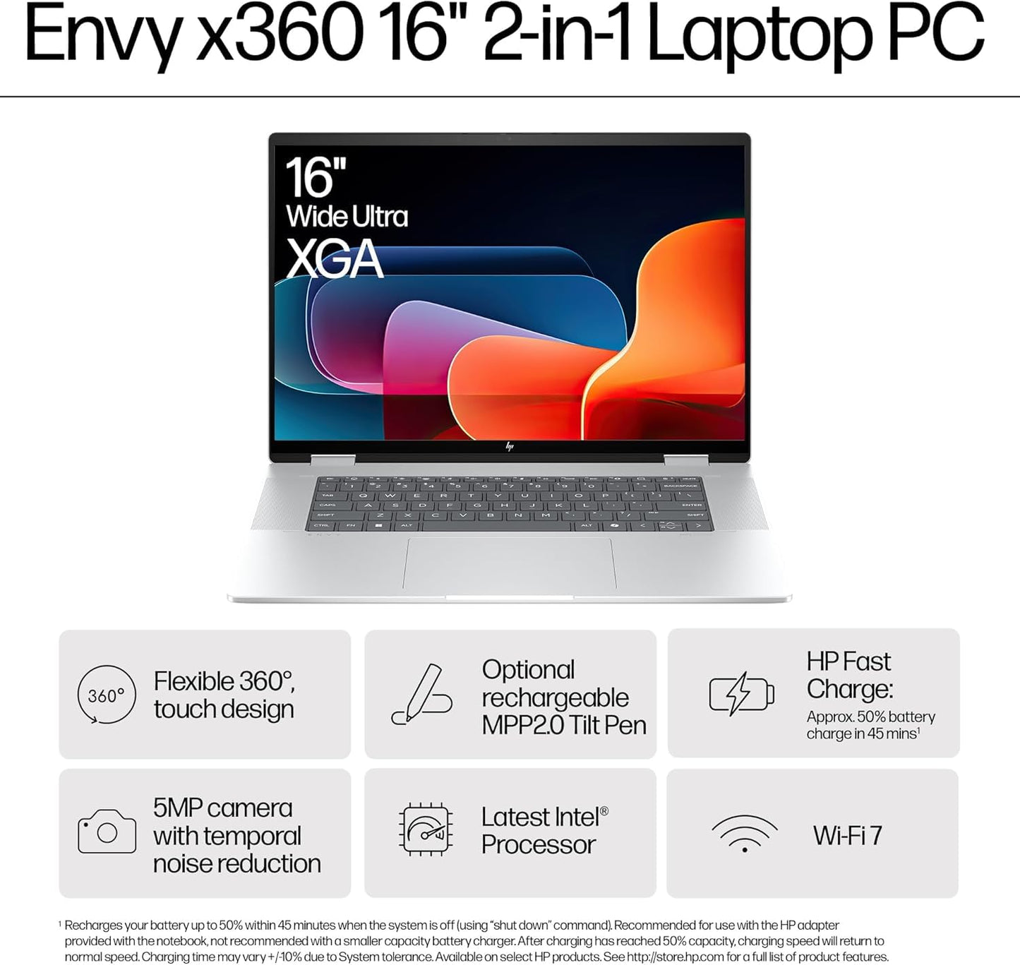 HP Envy x360 2-in-1 Laptop 16', 2K Touch Display, Intel Core Ultra 5 125U Processor, 16GB RAM, 512GB SSD, Intel Graphics, Built-in AI, Windows 11, Convertible, Long Battery Life, Silver, 9V362PA