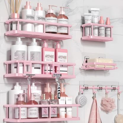 YASONIC Shower Caddy, 6 Pack Large Capacity Bath Organizer with Soap Holder and 12 Hooks, Rustproof Shower Shelves for Inside Shower, No Drilling&Sleek Bathroom Organizers and Storage Pink