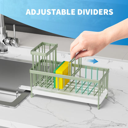 Sage Green Sponge Holder for Kitchen Sink, Sink Caddy Organizer with High Brush Holder, Kitchen Countertop Organizers and Storage Essentials, Rustproof 304 Stainless Steel, Soap Dispenser