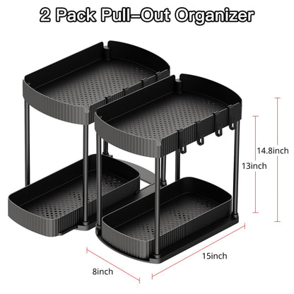 2 Pack Multi-Purpose Pull-Out Storage Organizers, Under Sink Organizers and Storage for Bathroom & Kitchen, Under Cabinet Organizers and storage, 14.8 Inch, Black