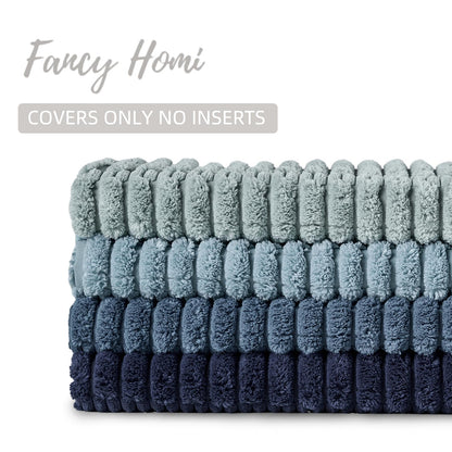 Fancy Homi Set of 4 Blue Decorative Throw Pillow Covers 18x18 Inch for Couch Bed Chair, Modern Farmhouse Boho Room Decor, Soft Fuzzy Corduroy Textured Striped Coastal Blue Cushion Case 45cm