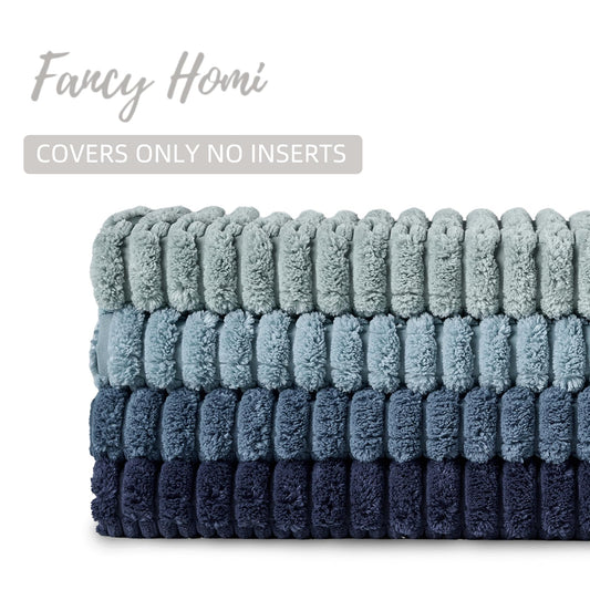 Fancy Homi Set of 4 Blue Decorative Throw Pillow Covers 18x18 Inch for Couch Bed Chair, Modern Farmhouse Boho Room Decor, Soft Fuzzy Corduroy Textured Striped Coastal Blue Cushion Case 45cm