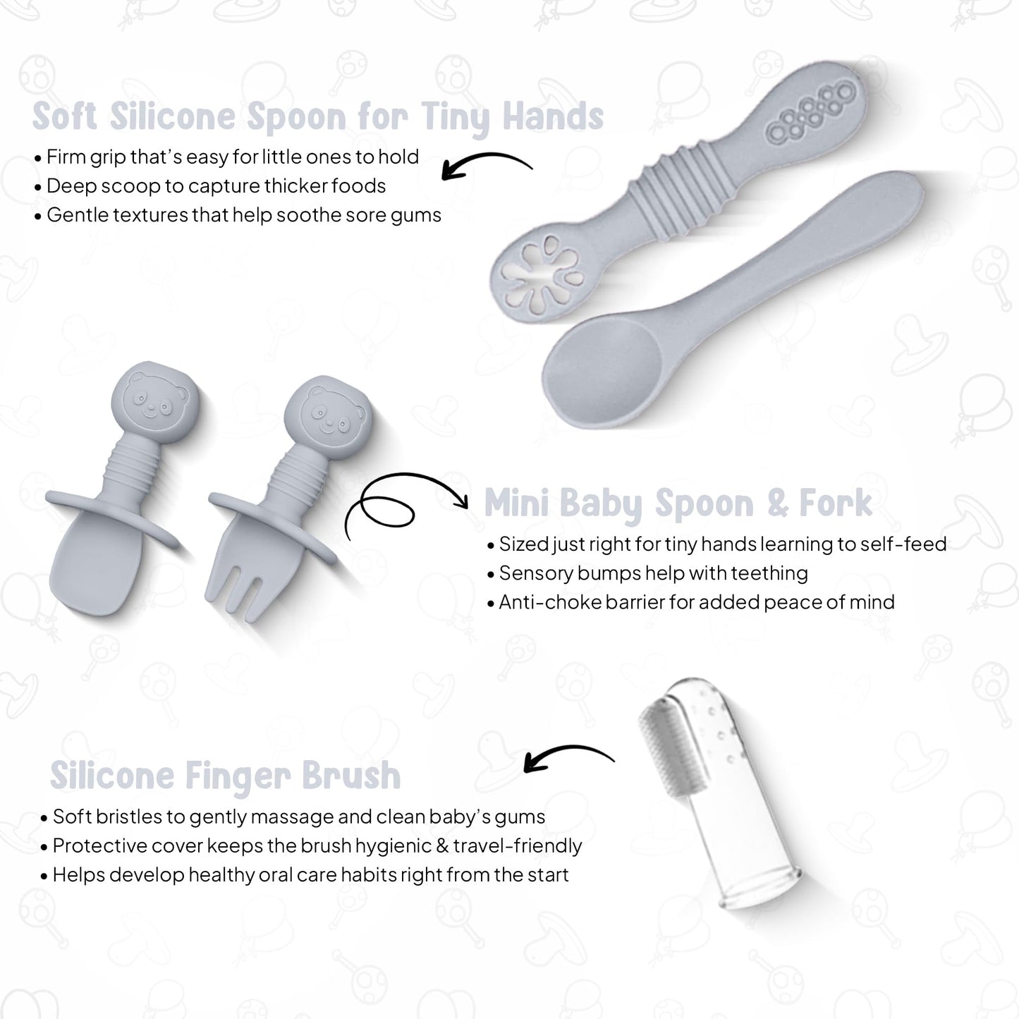 O'doe 11-Piece BPA-Free Silicone Baby Feeding Set | Thick & Soft Suction Plates, Baby Bowls, Wooden Fork & Spoon, and More | Make Mealtime Fun and Easy for Your Little One (Grey, V1)