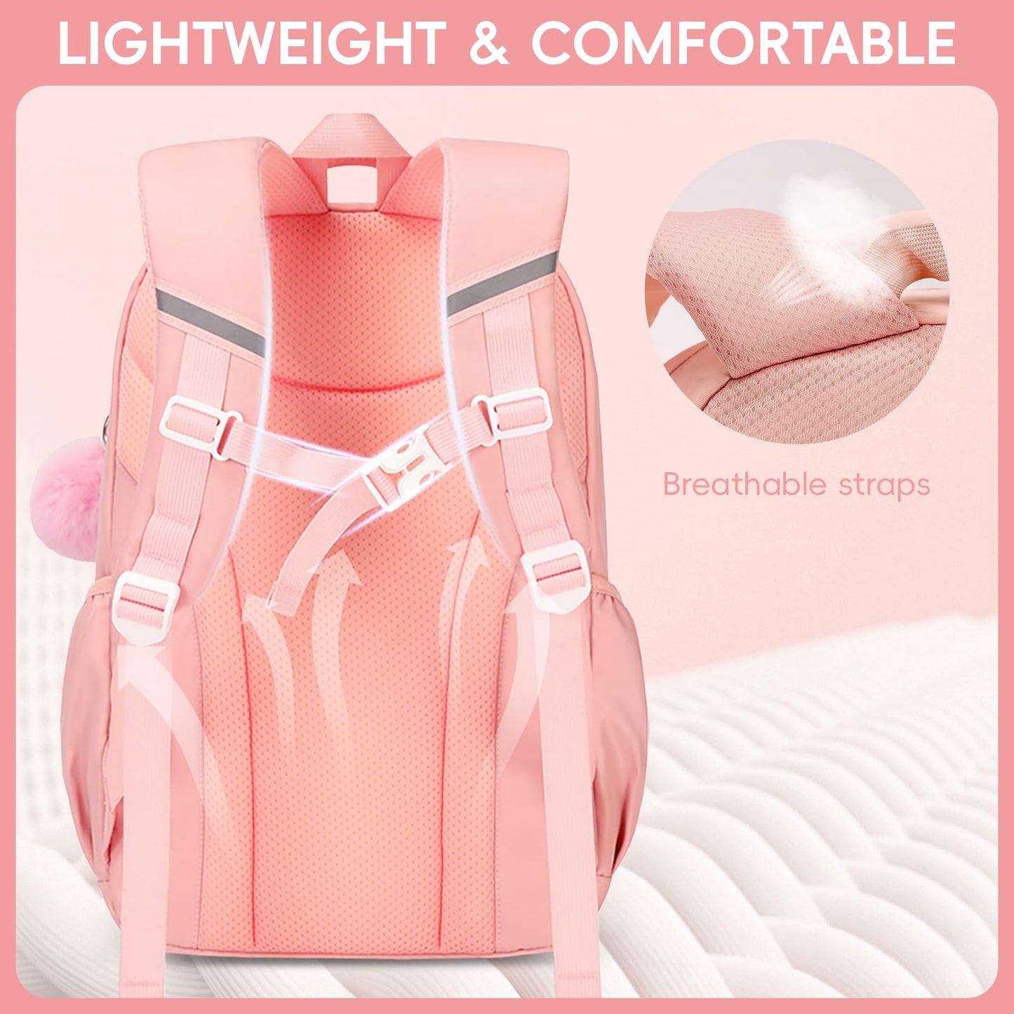 Amythe School Bag for Girls, Breathable School Backpack for Kids with Pendant, Casual Sac a Dos Fille for Elementary Junior High School, Pink