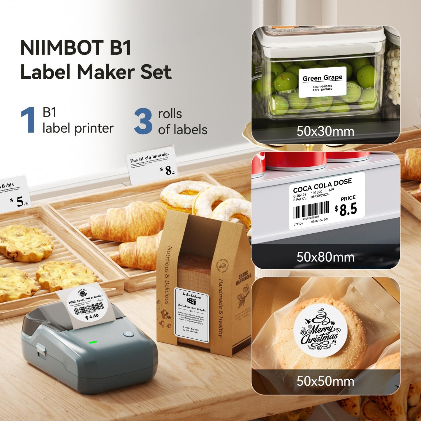 NIIMBOT B1 Label Maker Machine with Tape, Label Printer with 3 Rolls Label Paper, 50x30mm 50x80mm 50x50mm Round Label for Office Supplies, Home, Business