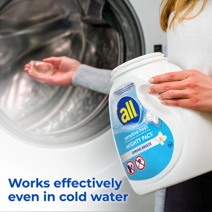 all Sensitive Fresh Mighty Pacs Laundry Detergent Pacs, Hypoallergenic Spring Breeze Scent, Gentle for Sensitive Skin, 60 Count, HE Compatible