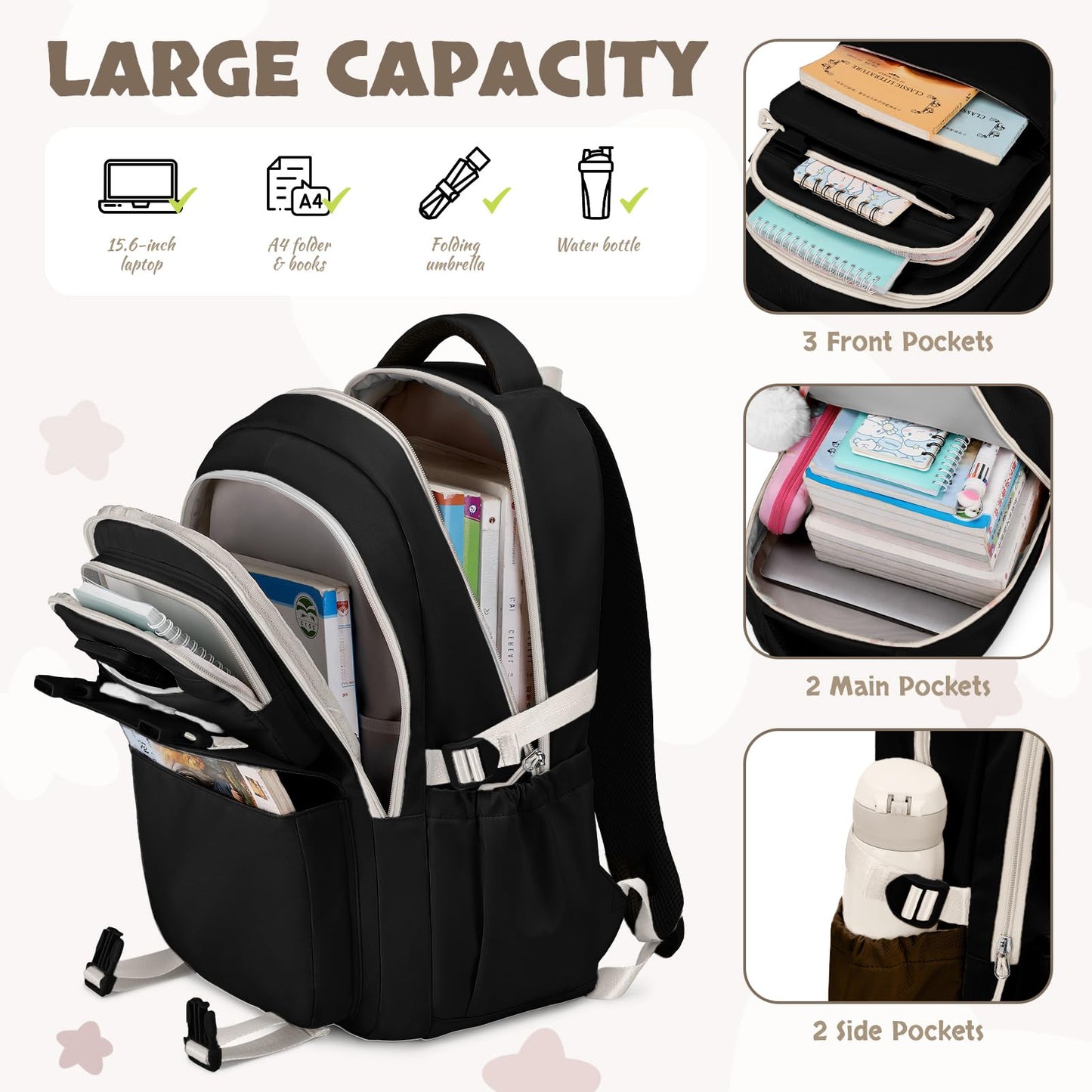 Amythe School Bag for Girls, 3 Pcs Kids Backpack for Elementary Junior School, Multiple Compartment Girl's BookBag Set with Lunch Box Pencil Case, Casual Sac a Dos Fille, Black