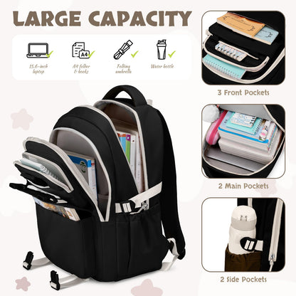 Amythe School Bag for Girls, 3 Pcs Kids Backpack for Elementary Junior School, Multiple Compartment Girl's BookBag Set with Lunch Box Pencil Case, Casual Sac a Dos Fille, Black