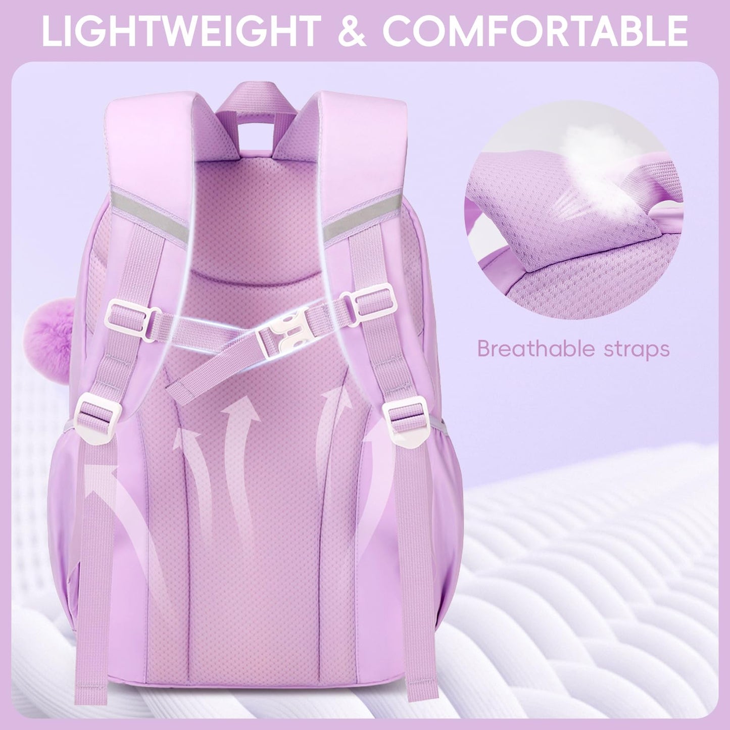 Amythe School Bag for Girls, Breathable School Backpack for Kids with Pendant, Casual Sac a Dos Fille for Elementary Junior High School, Purple