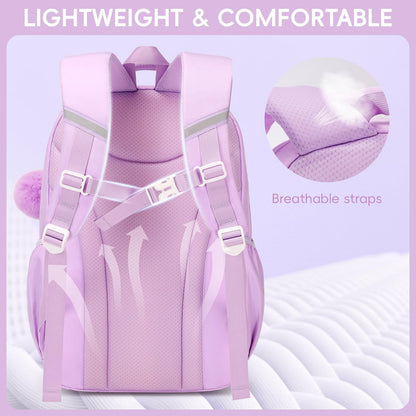 Amythe School Bag for Girls, Breathable School Backpack for Kids with Pendant, Casual Sac a Dos Fille for Elementary Junior High School, Purple