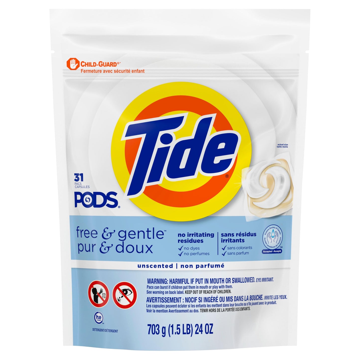 Tide PODS Free & Gentle, Laundry Detergent Liquid Pacs, Unscented and Hypoallergenic for Sensitive Skin, 31 Count - Packaging May Vary