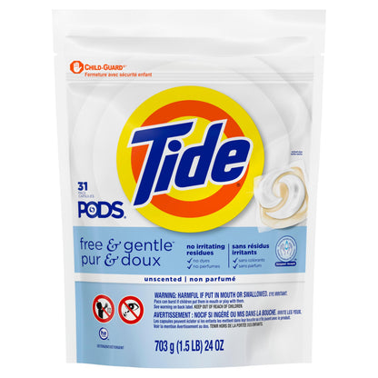Tide PODS Free & Gentle, Laundry Detergent Liquid Pacs, Unscented and Hypoallergenic for Sensitive Skin, 31 Count - Packaging May Vary