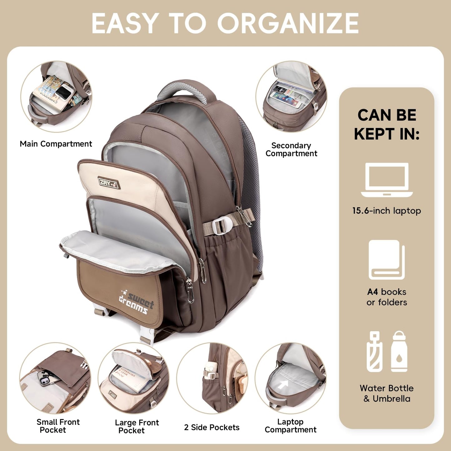 Amythe Girls School Bag, 16 inch School Backpack for Girl Age 9-16, Kids BookBag with Cute Pendant for Elementary Middle School, Children’s Casual Rucksack for Travel,Brown