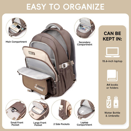 Amythe Girls School Bag, 16 inch School Backpack for Girl Age 9-16, Kids BookBag with Cute Pendant for Elementary Middle School, Children’s Casual Rucksack for Travel,Brown