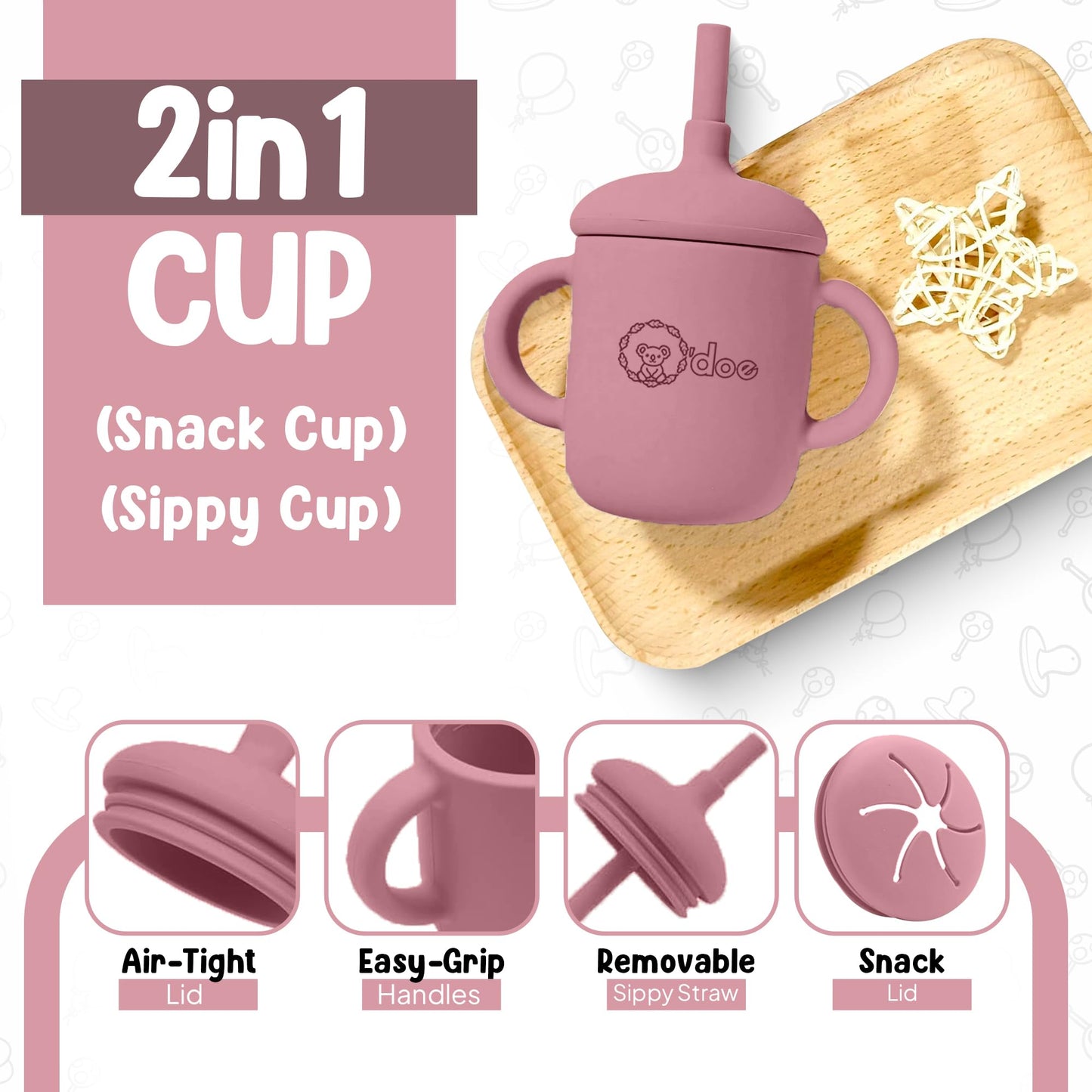 O'doe 17-Piece BPA-Free Silicone Baby Feeding Set | Thick & Soft Suction Plates, Baby Bowls, Wooden Fork & Spoon, and More | Make Mealtime Fun and Easy for Your Little One | Pink, V2