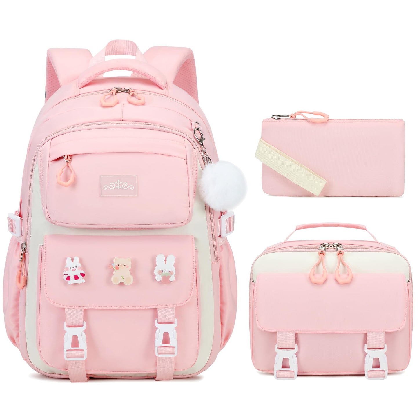 DIGOBAY Girls Backpack, School Backpack for Girls with Lunch Box Pencil Case Set for Teen Kids Girl Elementary Primary Middle High College School Bookbag with Cute Pins Pink