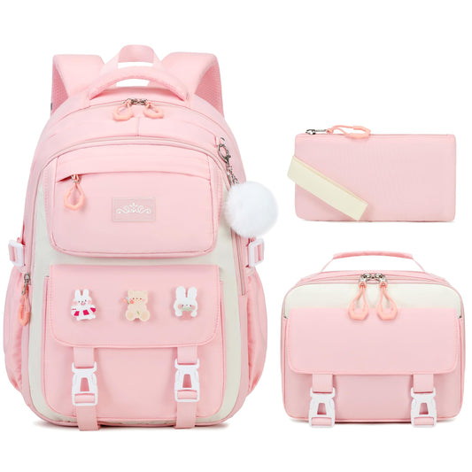 DIGOBAY Girls Backpack, School Backpack for Girls with Lunch Box Pencil Case Set for Teen Kids Girl Elementary Primary Middle High College School Bookbag with Cute Pins Pink