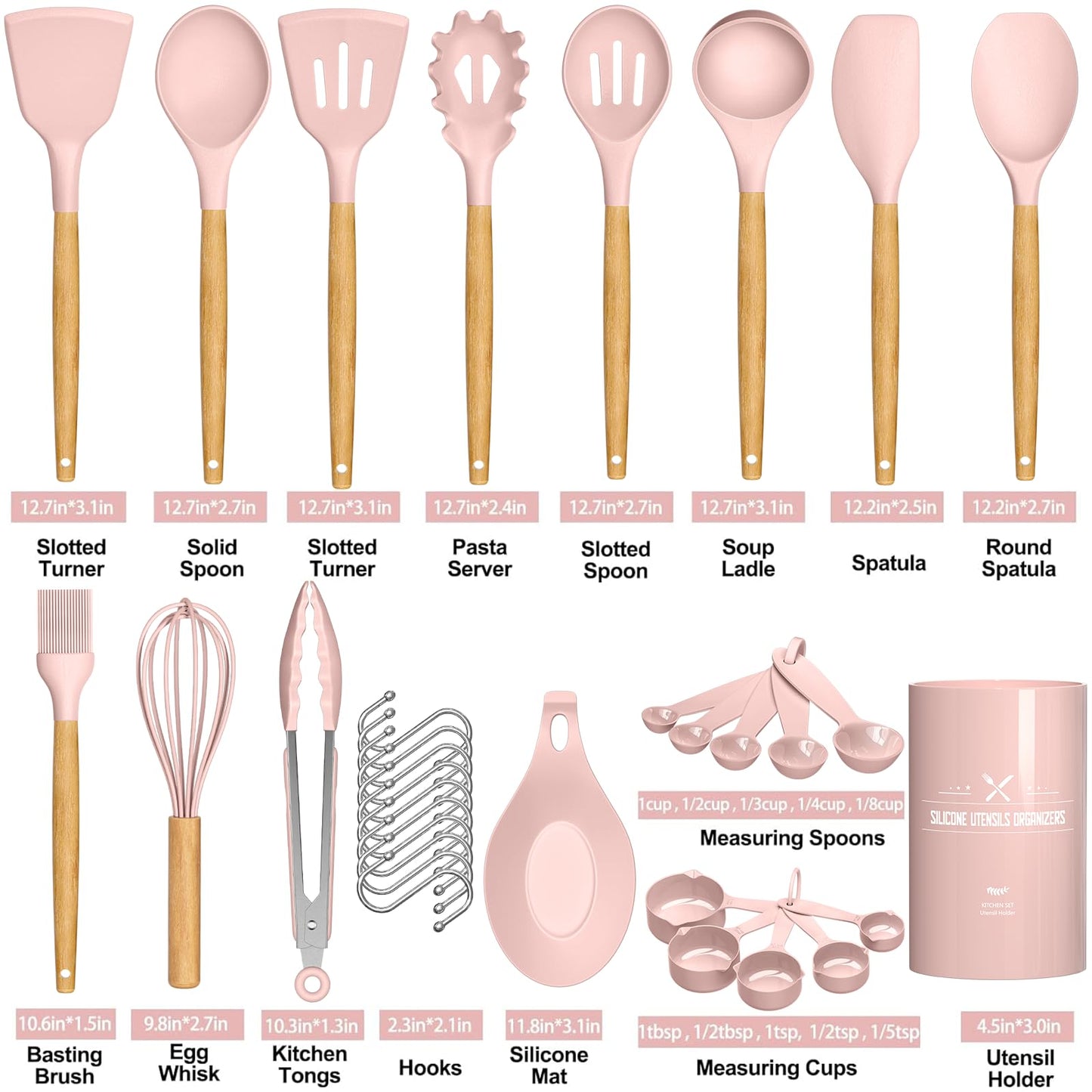 Umite Chef Silicone Kitchen Utensils Set, 33 Piece Non-Stick Kitchen Utensils with Stand, Wooden Handle, Pink